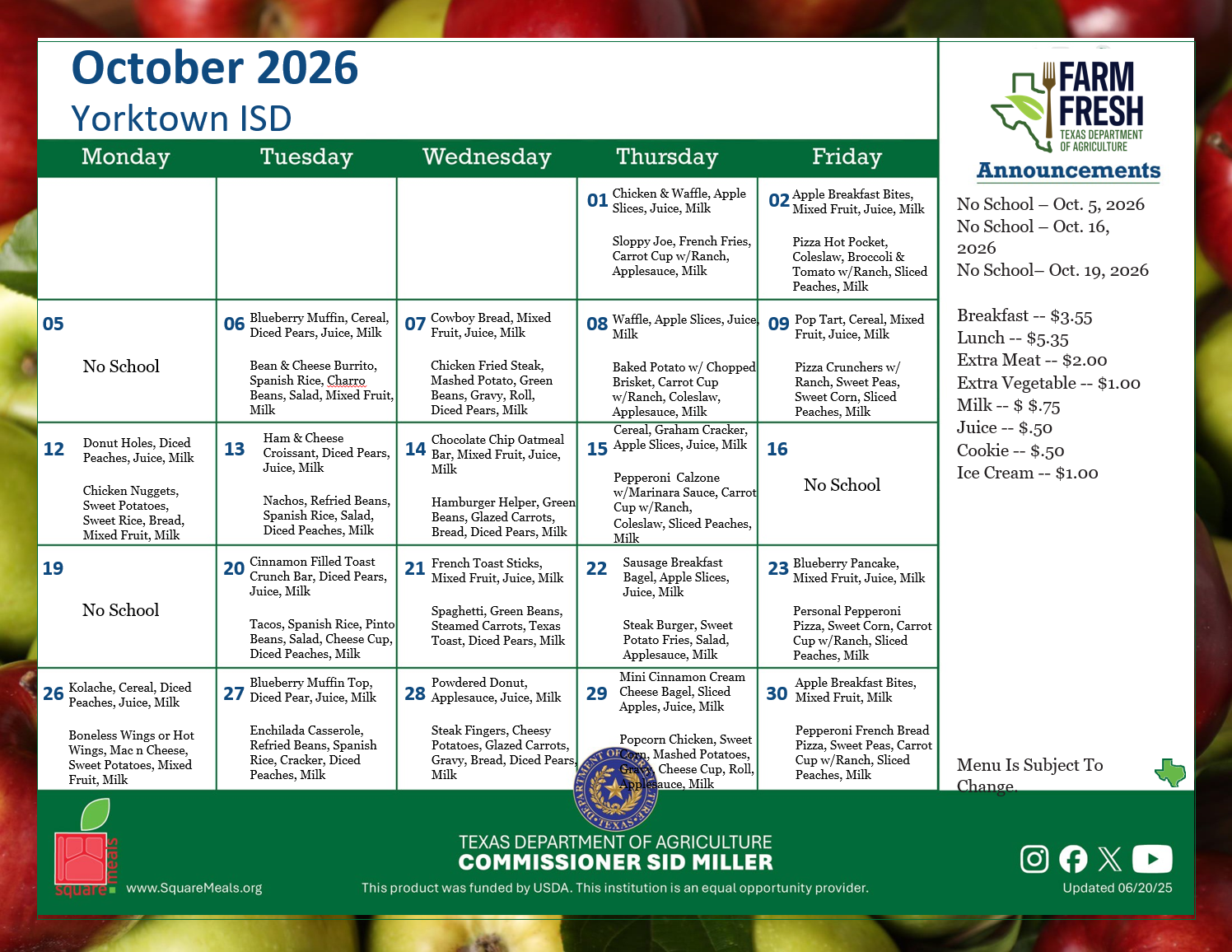 Menu for October